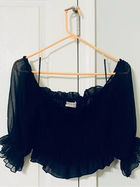 Urban Outfitters Black Sheer Smocked Off-The-Shoulder Ruffle Top